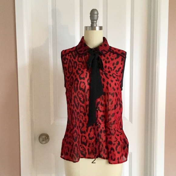 Forever21 Red Leopard Print Bow-Tie Sheer Blouse - Picture 3 of 8